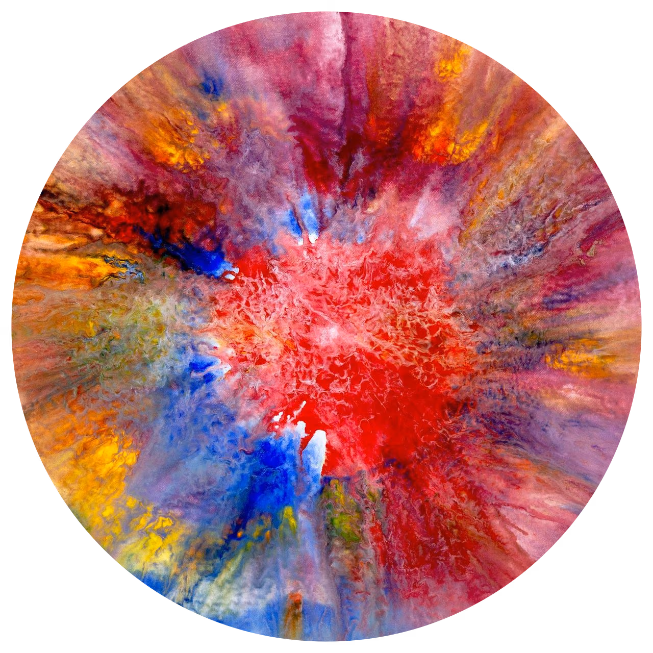 Composition 72 (2024), toile ronde de 50 cm, acrylique sur toile